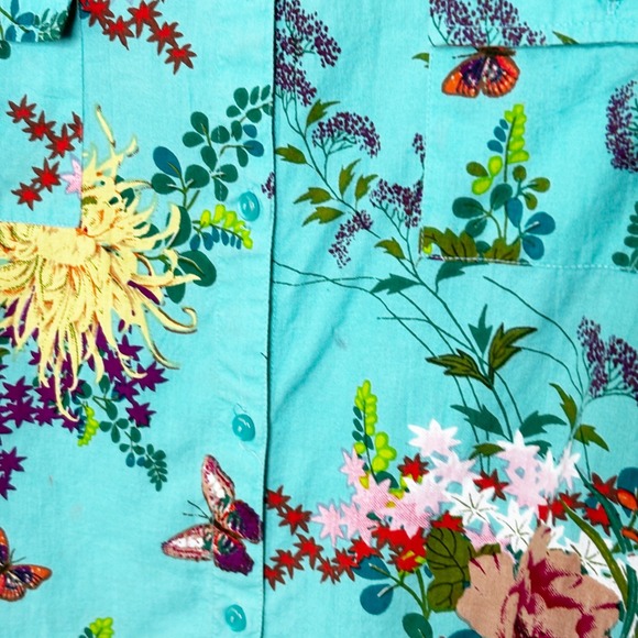 Soft Surroundings Turquoise Floral Butterfly Linen Blend Shirt Dress Size L - Picture 5 of 10